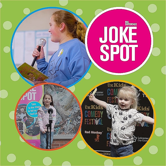 4 circles with multicoloured rims, three feature children telling a joke into a microphone and one is pink with the words 'Joke Spot'.