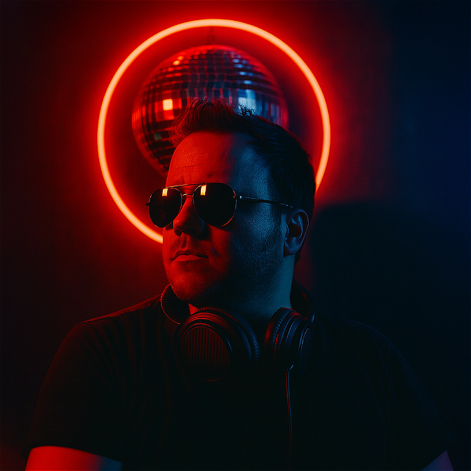 Alex standing in front of a neon circle with a glitter ball in the middle, wearing shades and headphones