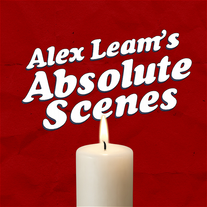 The title of the show on a red background, getting burned by a large candle