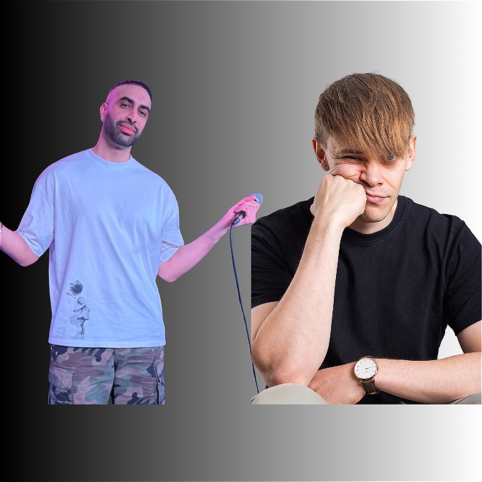 Two male comedians on the poster, one on the left is standing with his arms outstretched holding a microphone. The second is seated in a fed up position resting his head on his fist.