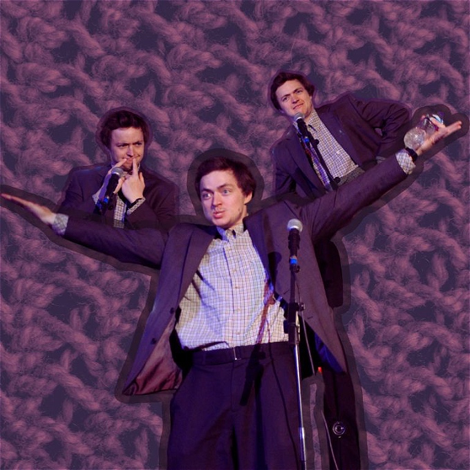 Male comedian in an ill fitting suit in three expressive poses against a backdrop image of a tightly woven woollen fabric.