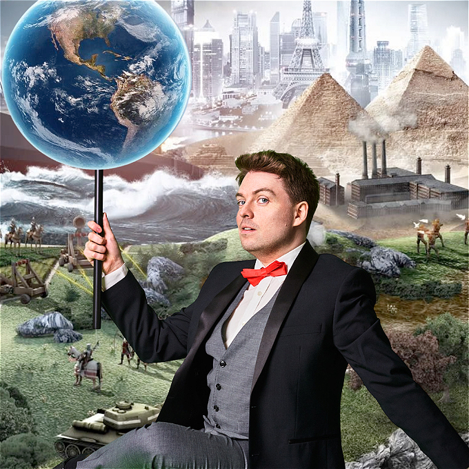 Comedian Benjamin Alborough holds the world on a stick against a backdrop of various civilisations