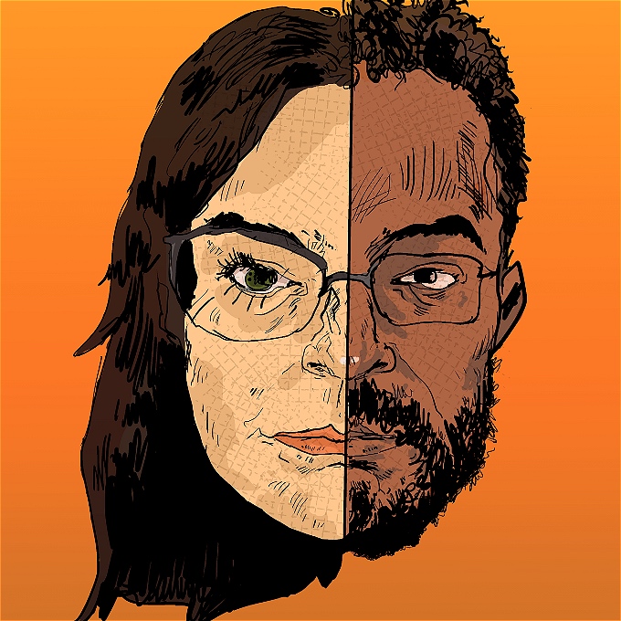 Male and Female comedian spliced together on a orange background