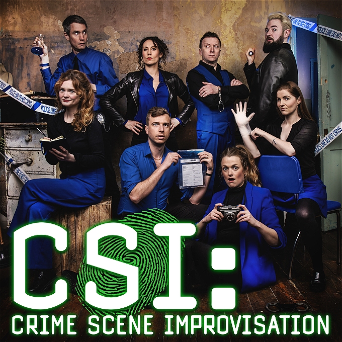 8 people at a crime scene, all dressed in blue and black outfits, with each holding a different item of investigative paraphernalia