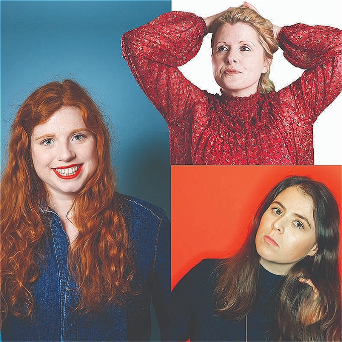 Three different photos of three female comedians put together in a square collage