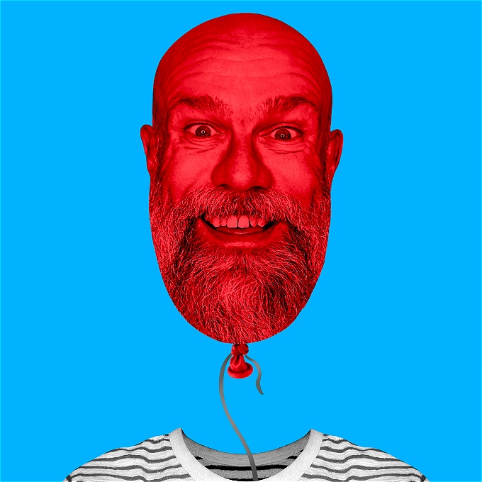 Olaf Falafel’s head as a balloon tied to string floating away from his empty shirt