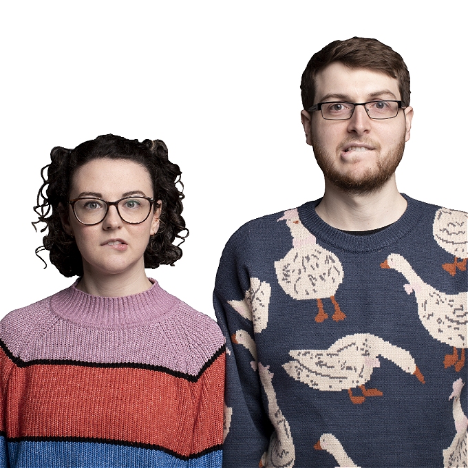 Alice and Andy (Low Effort Sketches) standing in front of a white background.