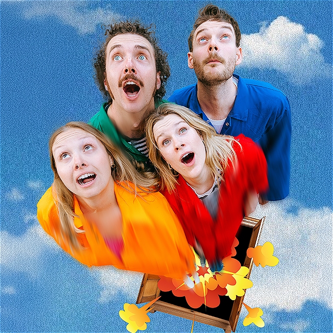 4 comedians in bright boiler suits flying out of a cupboard