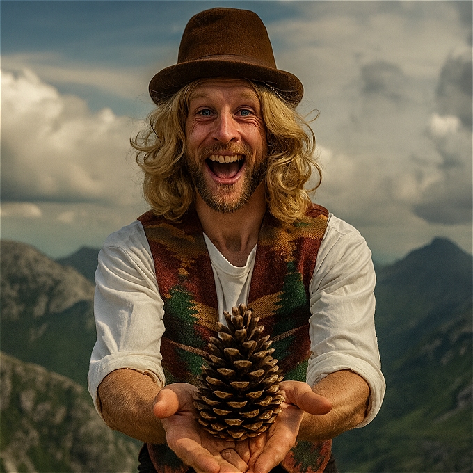 A man in rustic folk costume stands on a mountain, holding a large pine cone