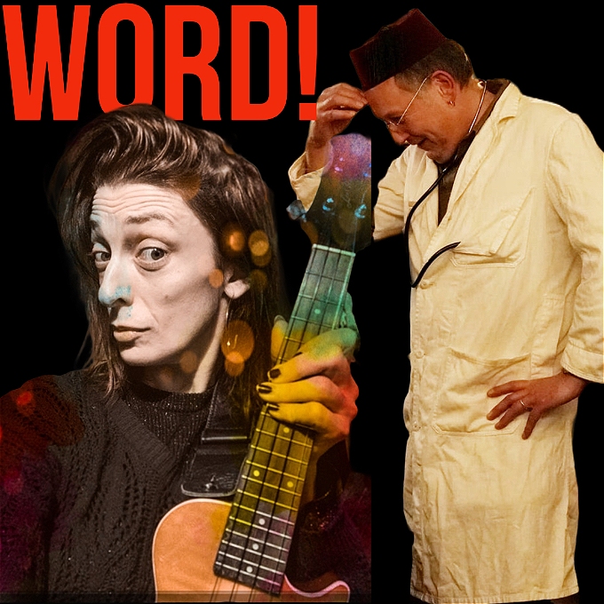 A woman on the left holding a guitar, and a man on the right in a lab coat and fez