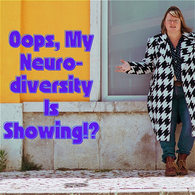 Woman wearing a black-and-white houndstooth coat, standing in front of a large window framed by a yellow wall, with arms outstretched and text on image reading, 