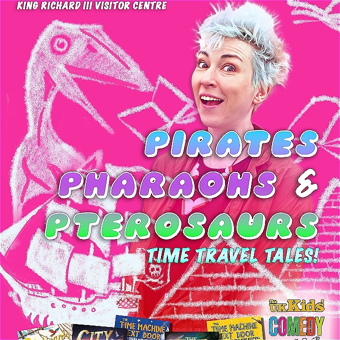 Female author smiling with pyramids, a pterosaur, her books and a pirate ship