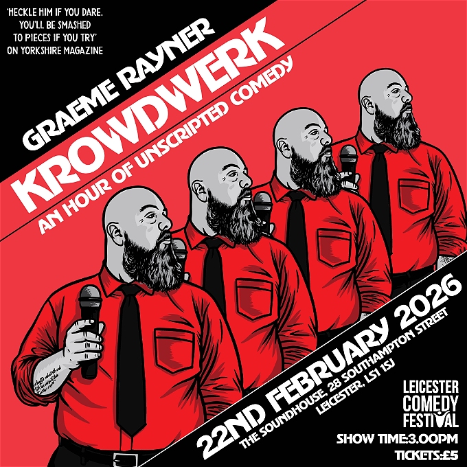 The poster is an illustration in black and red and features a likeness of Graeme Rayner holding a microphone. The likeness appears 4 times in a diagonal line, and is designed to pay homage to the German electro band KraftWerk's famous image.