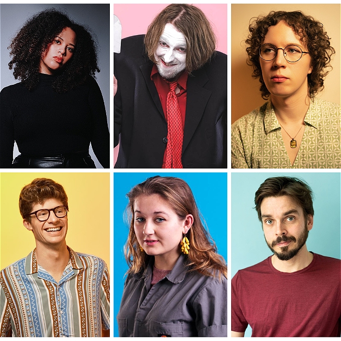 Six comedians one each in a rectangular box.