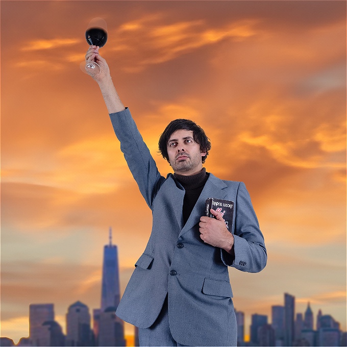 French comedian Marcel Lucont posing as the Statue Of Liberty with a glass of wine aloft