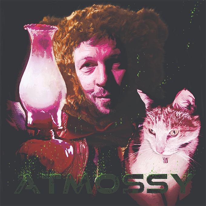A comedian in a cosy-looking teddy bear costume hat sits in a dark space, lit up only by an old-fashioned oil lamp, with a pinkish light. He is smiling gently out to the viewer (some might say coquettishly but that certainly wasn’t the look he was going for). On the right of the image is a serious-looking cat, also bathed in the pink light, looking at something down at the word “atmossy” which is giving off dozens of little green glowing embers that rise and swirl up into the image (the cat’s full name is Boxworth Windswept Thorndike the Third).