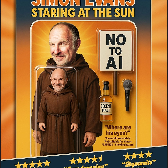 AI Picture of Simon Evans with drink, a mic and sign that says No to AI
