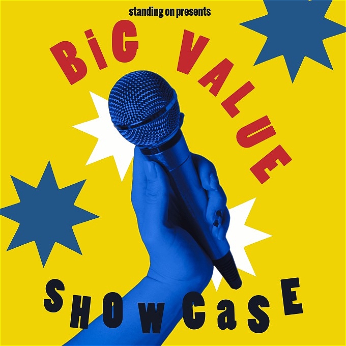 A beautiful hand touching a blessed microphone. It's rumoured this hand belongs to the funniest person in the world, who is on this show. Also there's text which reads 