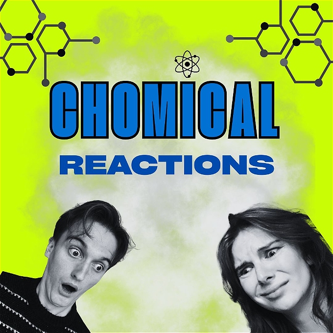A man on the left, Danny looks downwards, shocked at an explosion, on the right, a woman, Rachel, looks downwards, concerned at the same explosion. Above is the words 'CHOMICAL REACTIONS' and in each corner are some scientific building blocks.