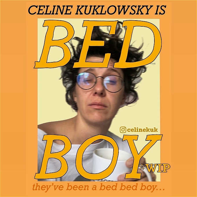 female comedian with brown hair tilts their head back with a smile in front of blue background