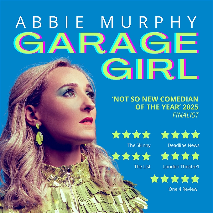 Female comedian (a Garage Girl) looking to the heavens in awe of Garage Music and times gone by