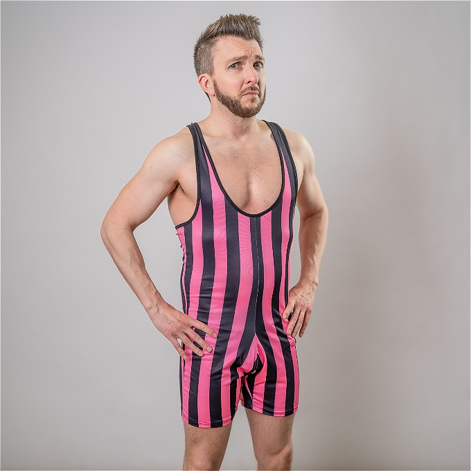Male comedian in a lycra outfit.