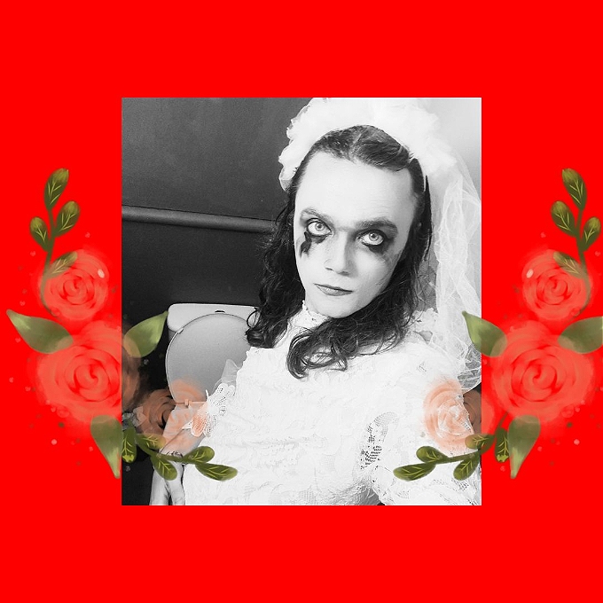 A red background with a black & white image of a sad bride sitting on the toilet, flanked by floral wreaths.