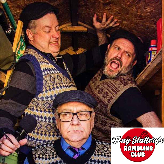 Allan, Paul and Tony in their magic shed. Bottom right, the Rambling Club logo