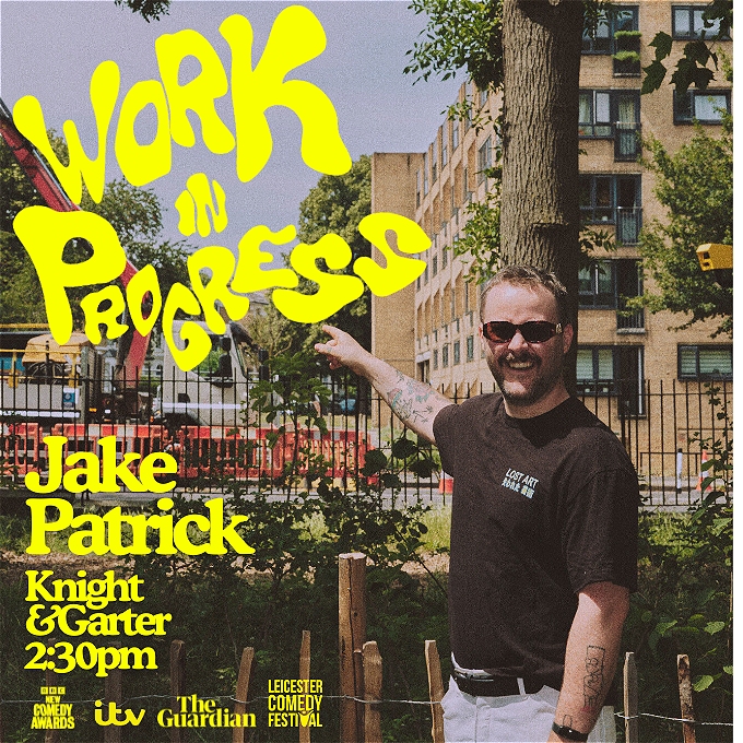 Male comedian pointing at wobbly font that says - Work in Progress