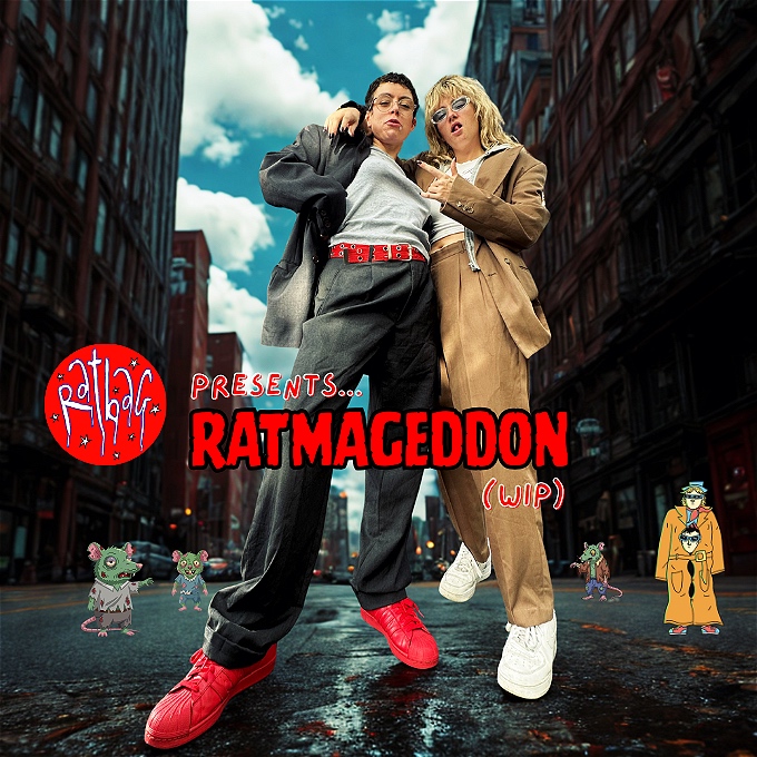 Two comedians in a city surrounded by rats.