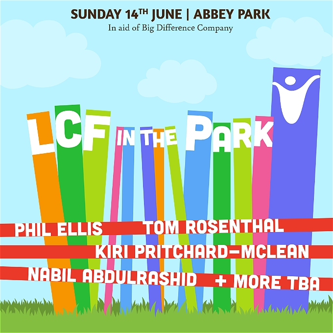 The title 'LCF in the Park' is displayed on brightly coloured vertical strips, with the names of the acts on the line up written across them on horizontal red strips.